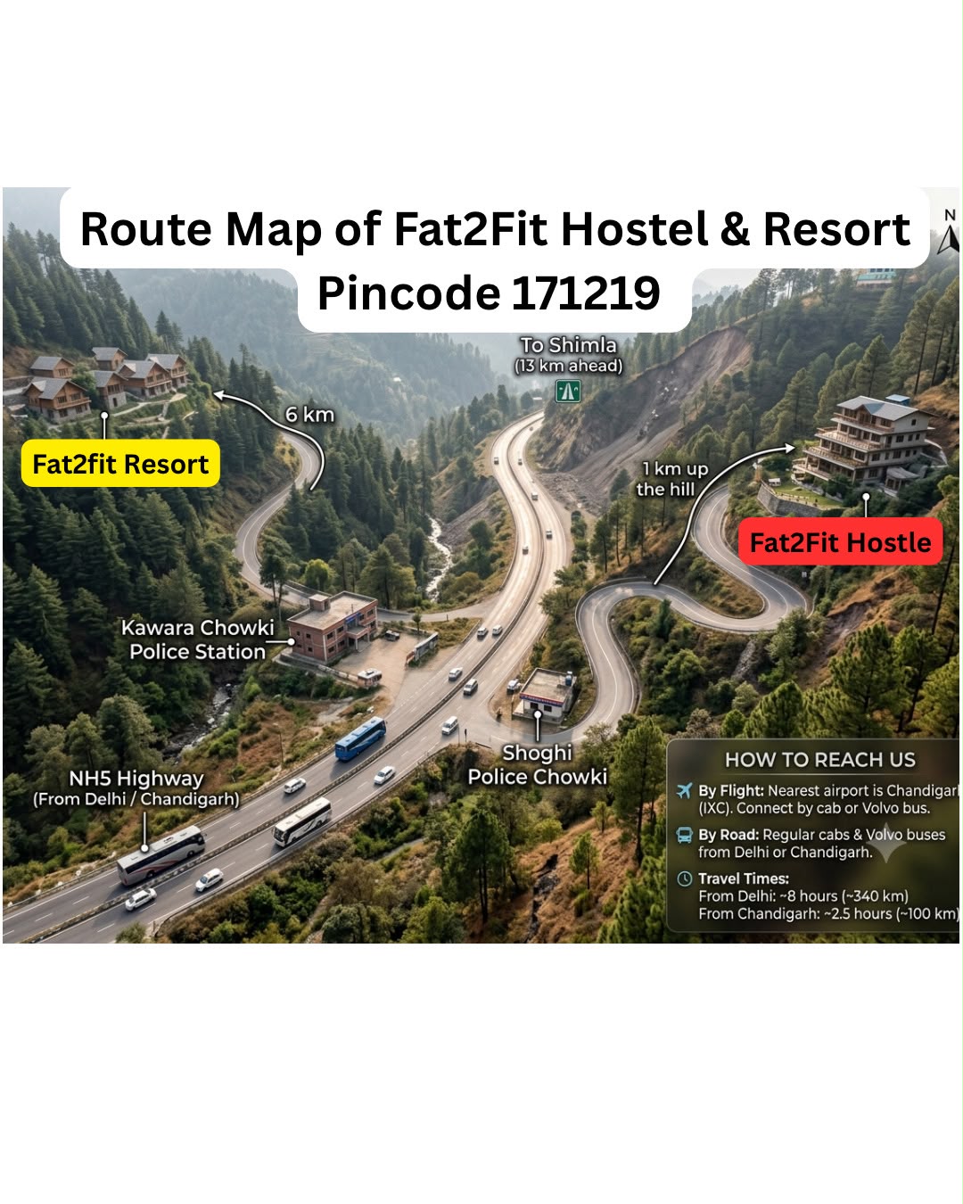 Route map to Fat2Fit Hostel and Resort, pincode 171219